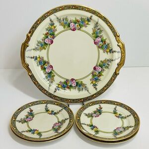 Noritake HandPainted Floral 22K Gold Trim Cake Plate Morimura Bros 4 Side Plates